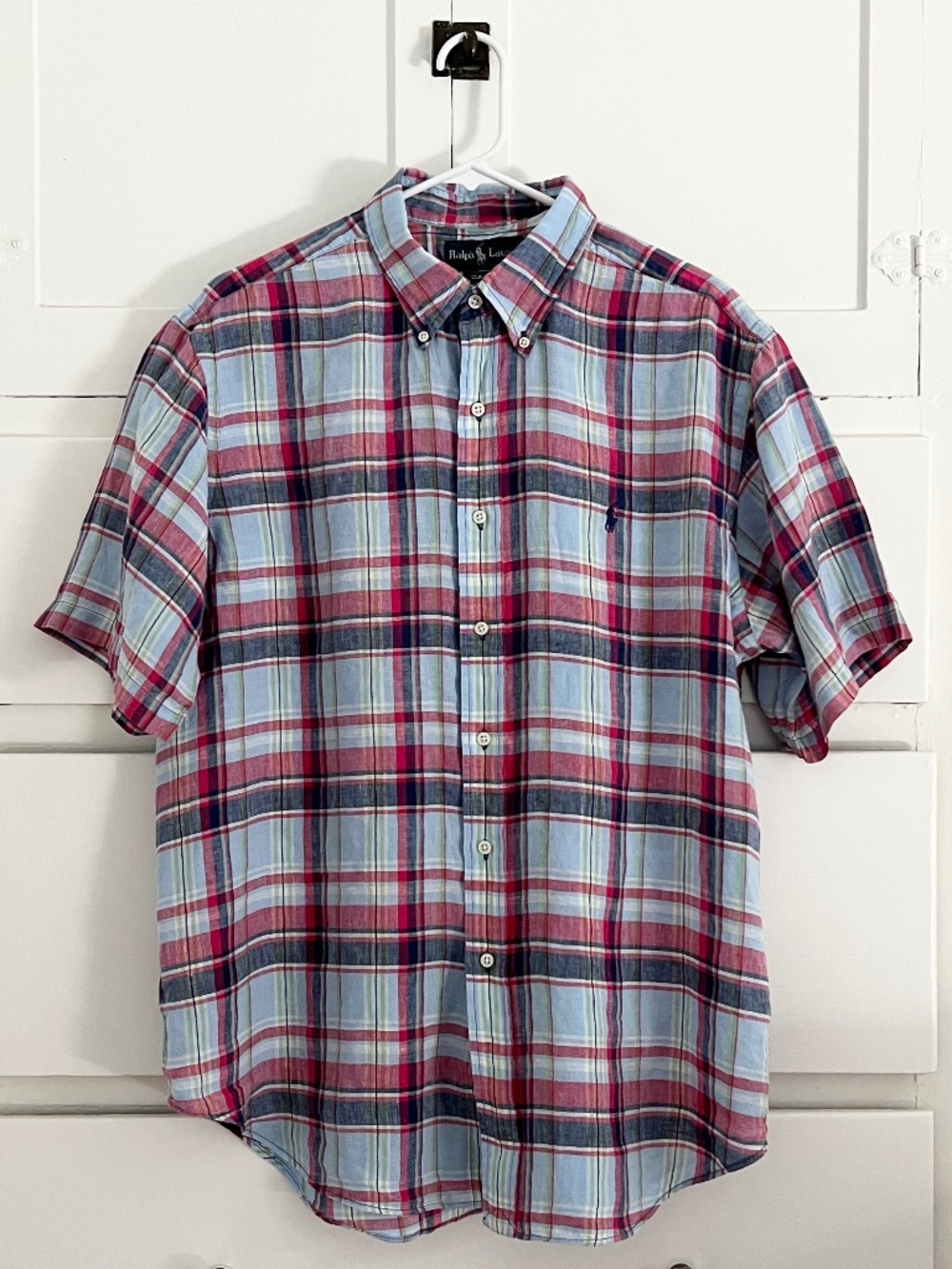Ralph Lauren Linen Madras Plaid Short Sleeve Shirt Men's XL